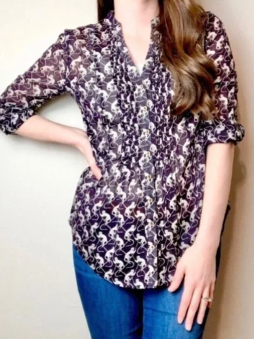 Anthropologie Maeve Monkeys print button down blouse top purple lightweight sz 0